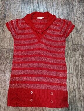 Extra Touch Red Striped Sparkle Short Sleeve Knit Top with Collar Size 1X